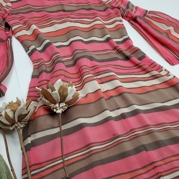 Trina Turk Sheer Pink Bell Sleeve Striped Boho Dress 2 - Picture 16 of 16